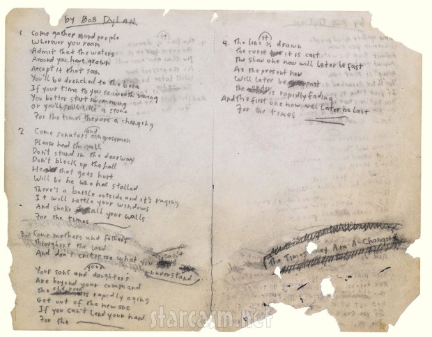 Handwritten lyrics for Bob Dylan’s ‘The Times They Are A-Changing’ (1964). How prescient! This sheet of paper was sold for $422,500 to a hedge fund manager. See http://www.bloomberg.com/news/2010-12-10/dylan-s-times-they-are-a-changin-lyrics-sell-for-422-500-at-sotheby-s.html